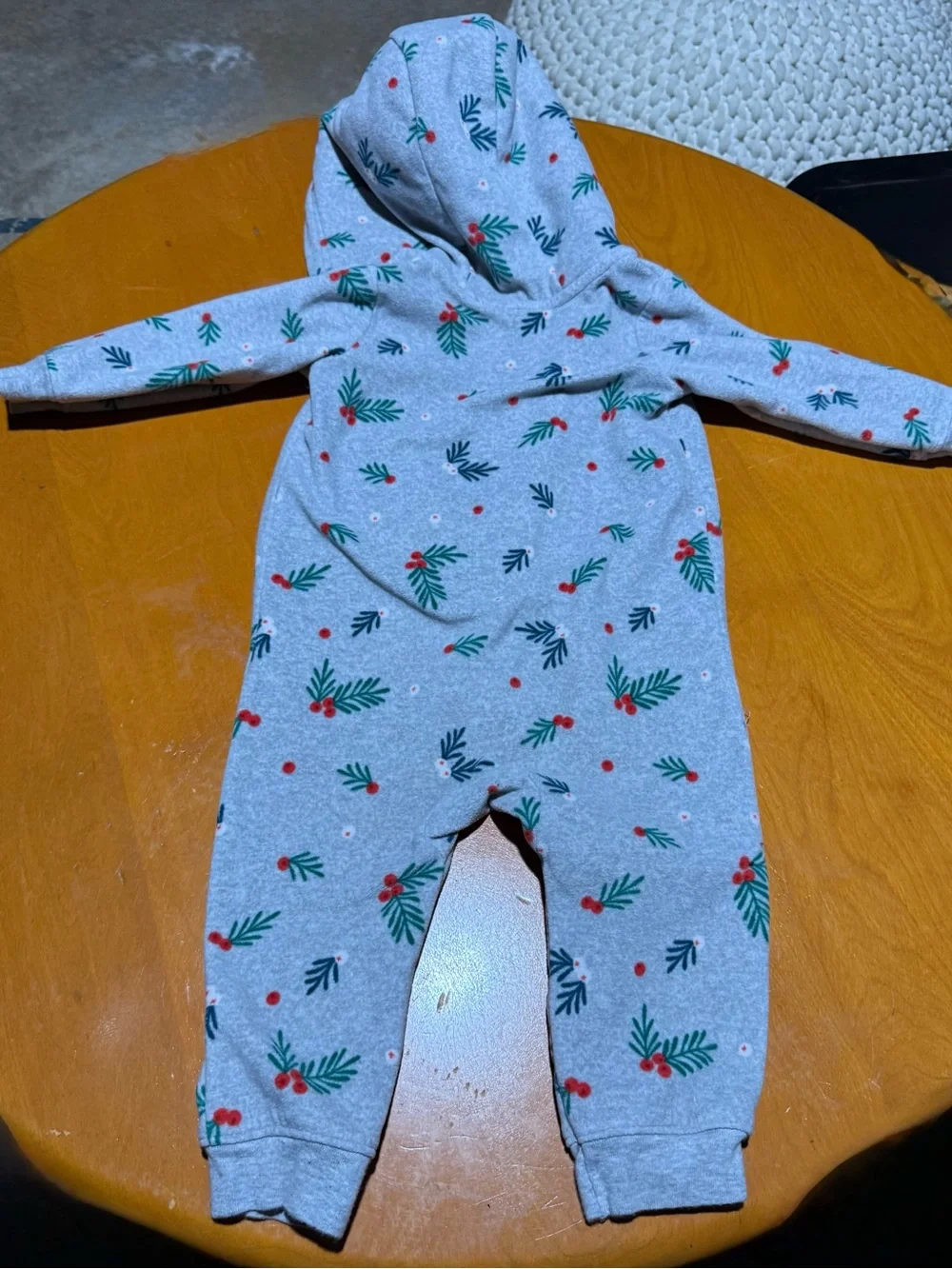 Carter's Grey Hooded One-Piece with Green Leaf and Red Berry Print 12 mo